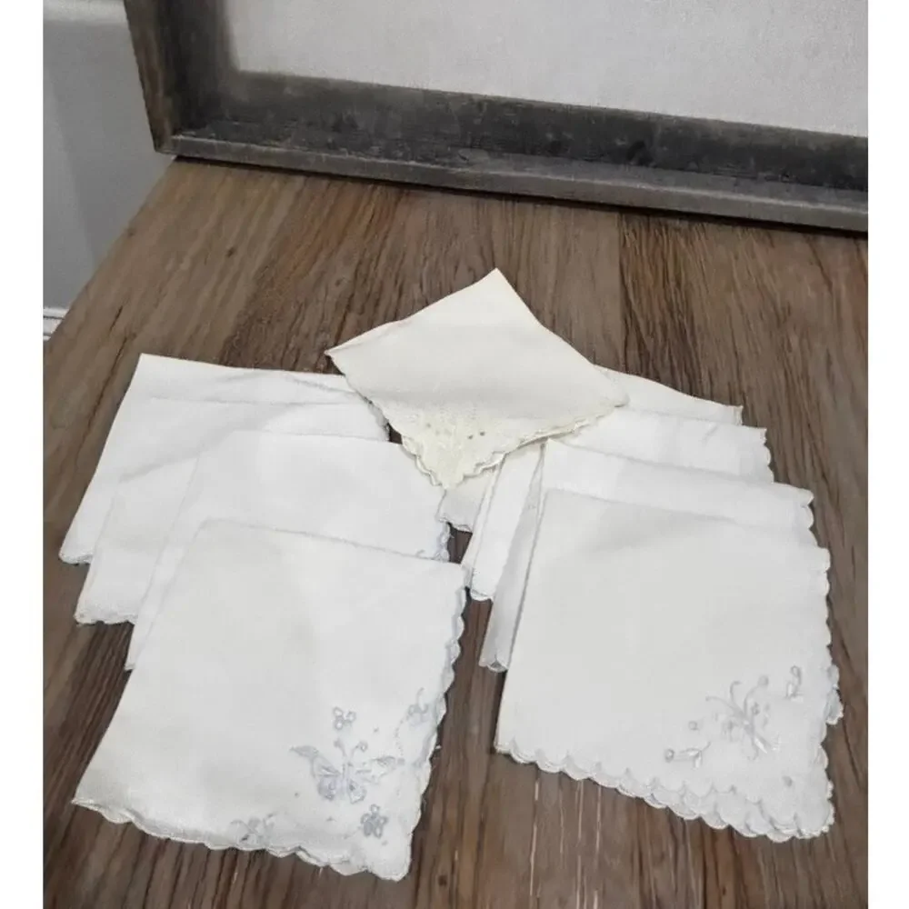 Vintage Embroidered Cocktail Napkins White Linen Butterfly Floral Mixed Lot